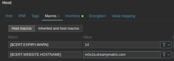 Zabbix Web monitoring - Web certificate - Macros tab