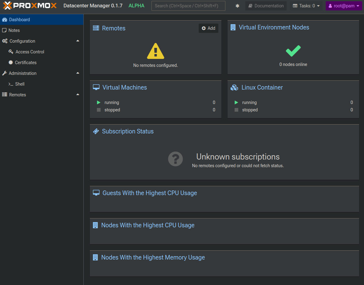 Proxmox Datacenter Manager - Alpha - Dashboard